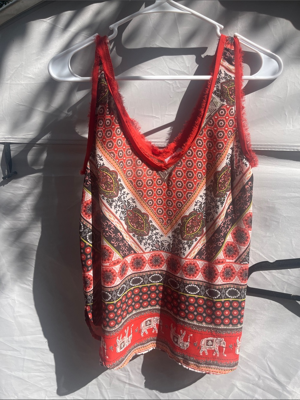 Tobi Red Patterned Boho V-Neck Tank